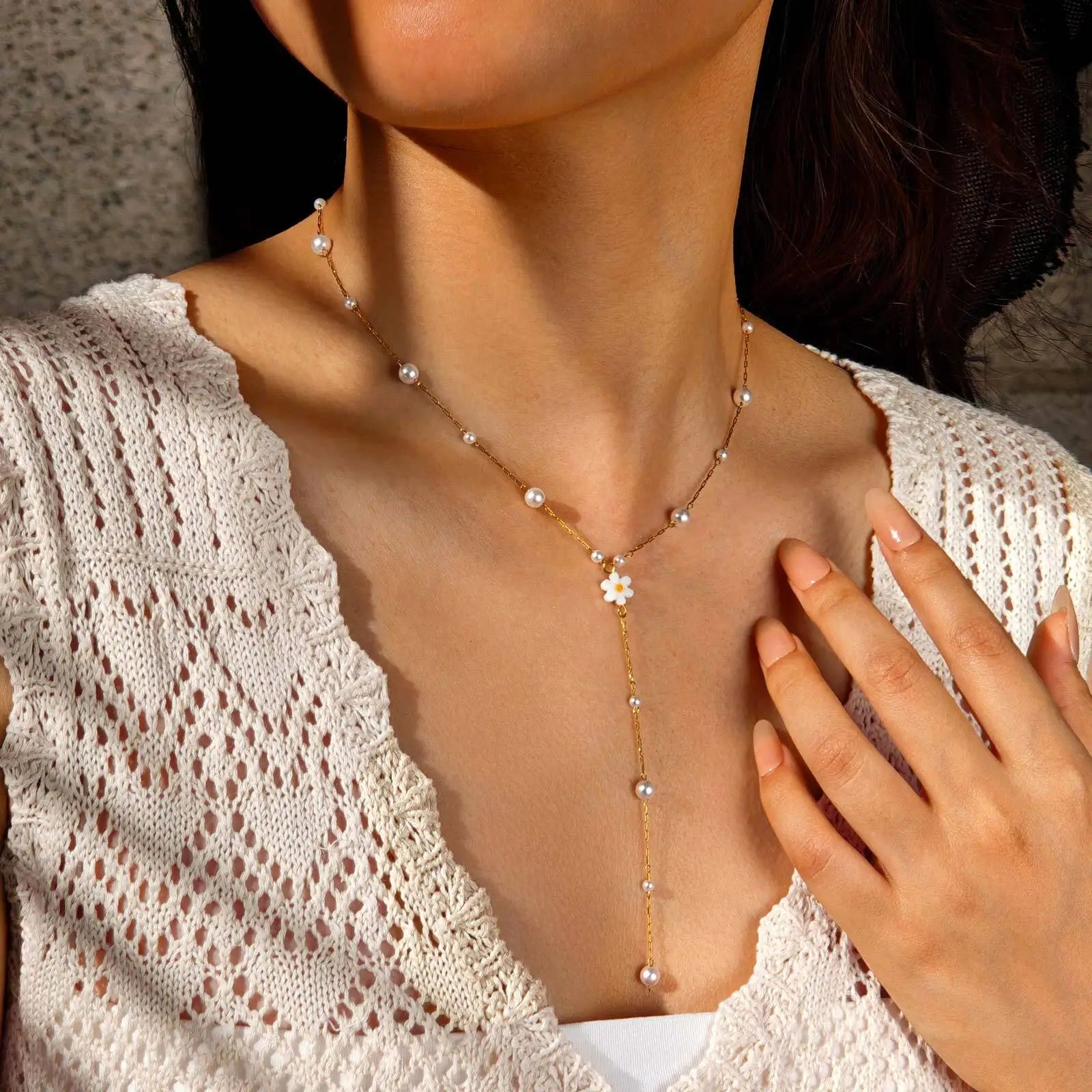 Vnox Flower Pearls Long Chain Drop Necklace For Women, Stainless Steel Waterproof Layered Jewelry, Light Luxury Collarbone Chain