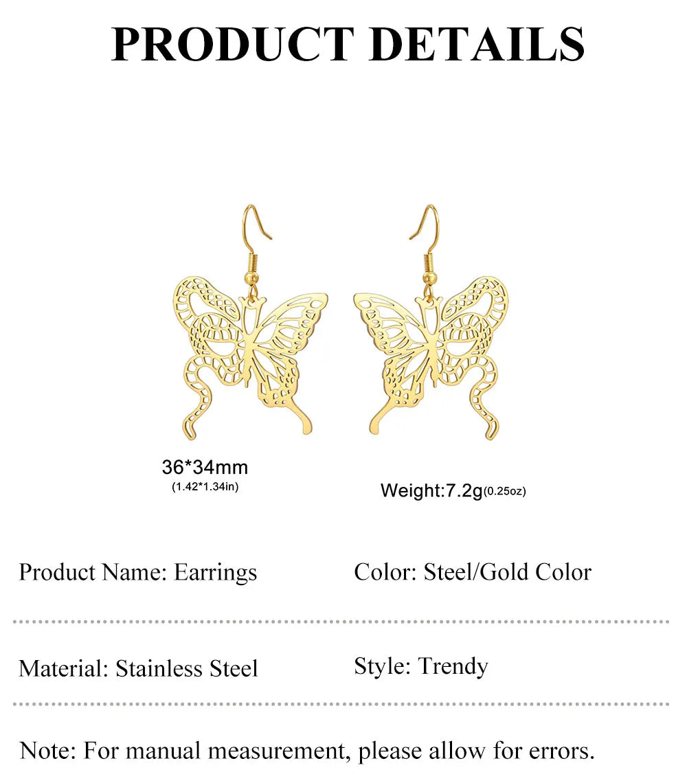 Lucktune Butterfly Snake Drop Earrings Stainless Steel Animals Earrings For Women Fashion Jewelry Woman Accesories Party Gifts