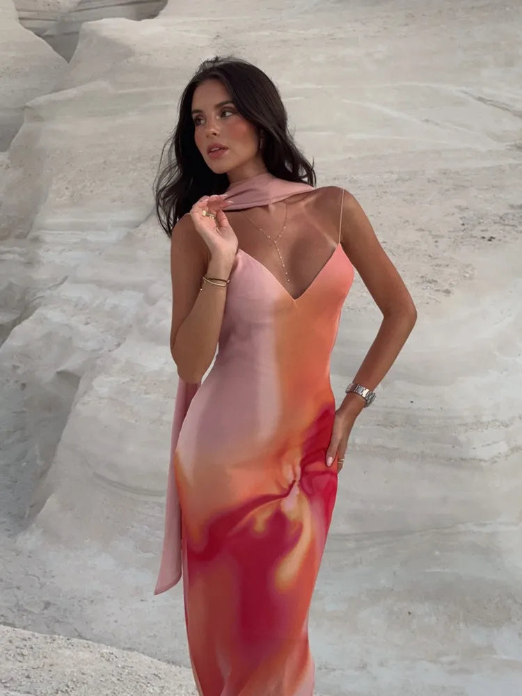 UNIZERA Scarf Printed Backless Long Dress 2025 Summer New Arrivals Women's Wear Elegant Satin Textured Dress