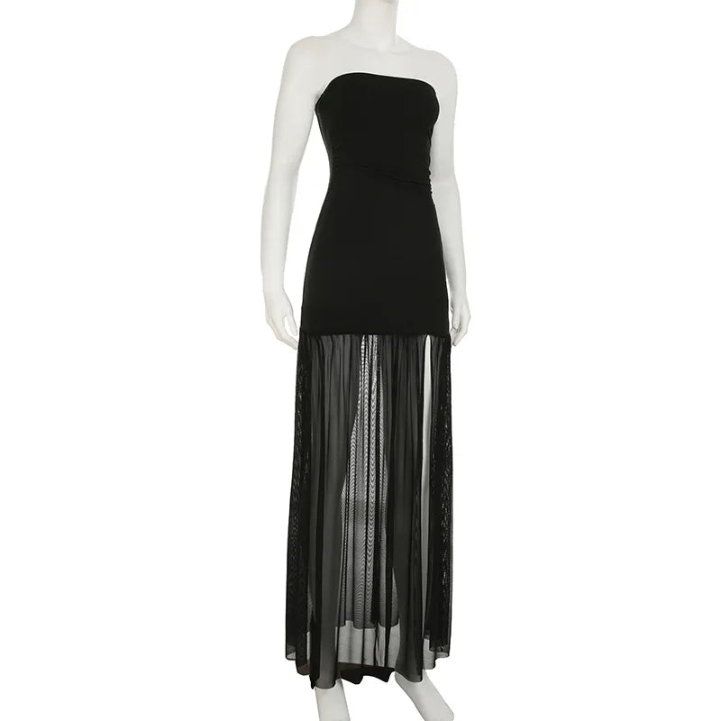 Tornova Sexy Strapless Split Long Dress For Women Mesh Splice Retro Elegant Party Dress Sleeveless Summer Vacation Dress Female