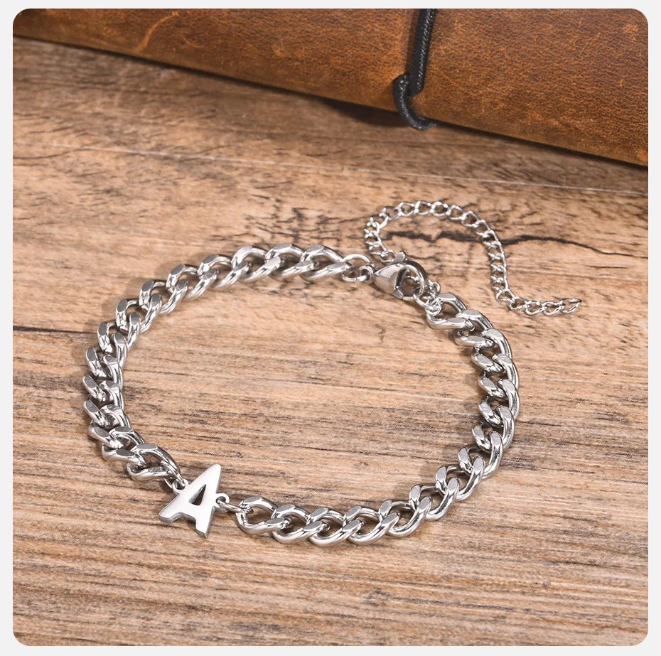 Vnox A-Z Initial Cuban Chain Bracelets for Men Women, Silver Color Stainless Steel Curb Links, Letters Name Charm Bracelet Gift