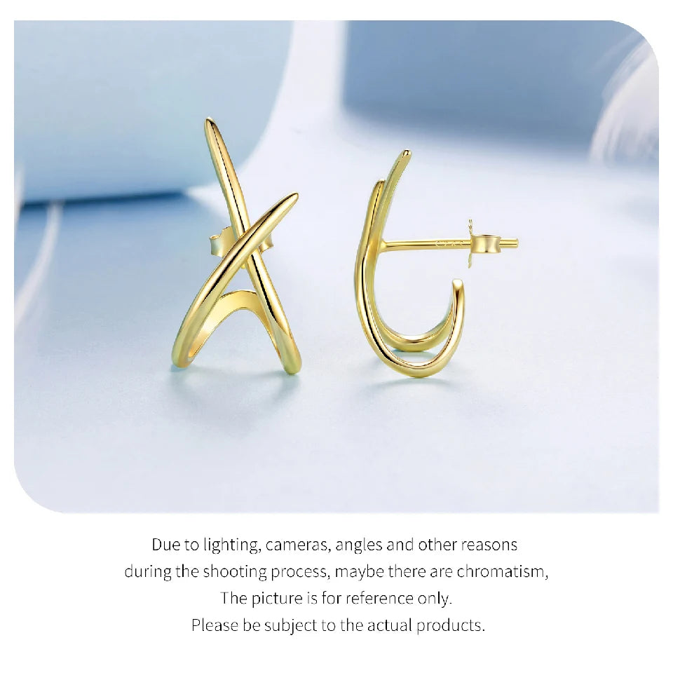 BAMOER 925 Sterling Silver X Earring Studs for Women, Gold Plated Hypoallergenic Earrings Chic Jewelry Gift for Daily Wear
