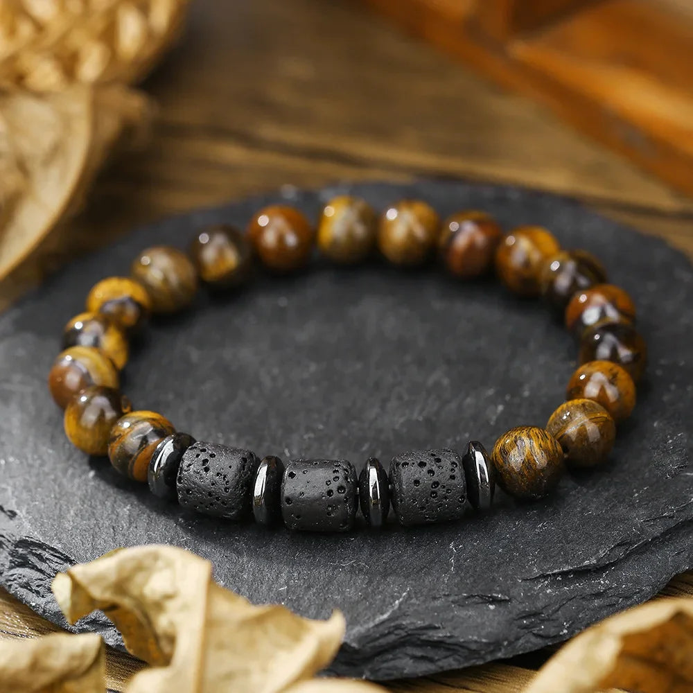 YIZIZAI Black Matte Onyx with Cube Lava Bracelet Yoga Balance Energy Stretch Bracelet Men Women Natural Gemstone Healing Jewelry