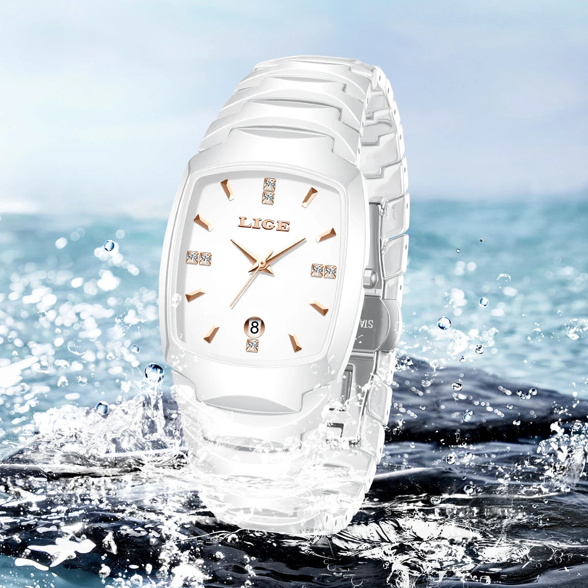 LIGE Fashion Luxury Ceramic Watch - Simple Elegant Calendar Women