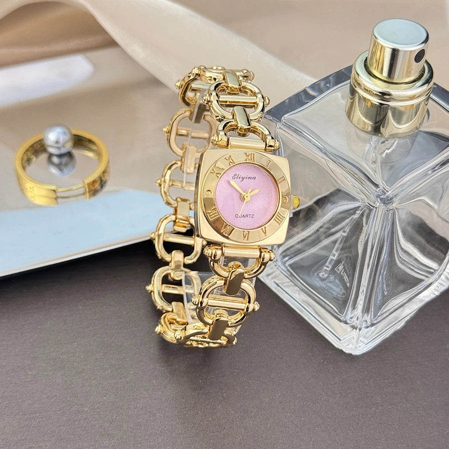 High-End Women's Skeleton Design Watch Square Roman Hour Markers Light Luxury Fashion Cross-Border Best-Seller Ladies Watch