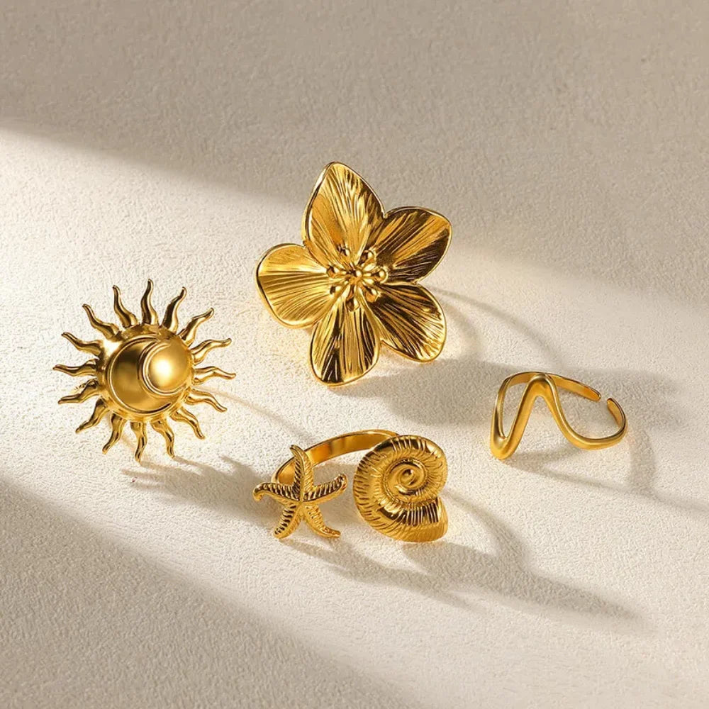 Elegant Stainless Steel Big Bloom Flower Rings For Women Gold Color Sun Starfish Open Ring Finger Jewelry Wedding Her Gift Punk