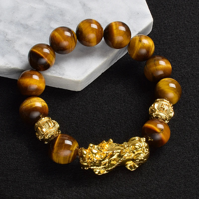 Pi Xiu Tiger Eye Stone Beads Bracelet Feng Shui Yellow Power Stone Women Men Elastic Jewelry Gold Color Pixiu Good Luck Bracelet