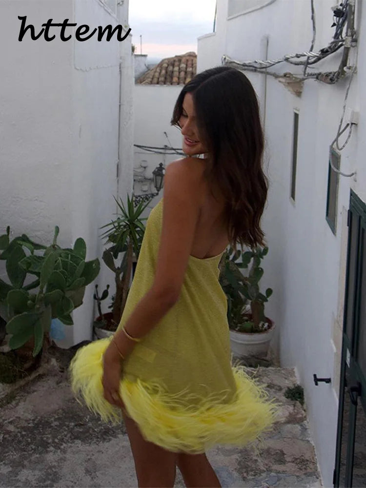 Sexy Feather Glitter Halter Short Dress Women Sleeveless Backless Yellow Female Party Dresses 2025 Summer Lady Beach A-line Robe