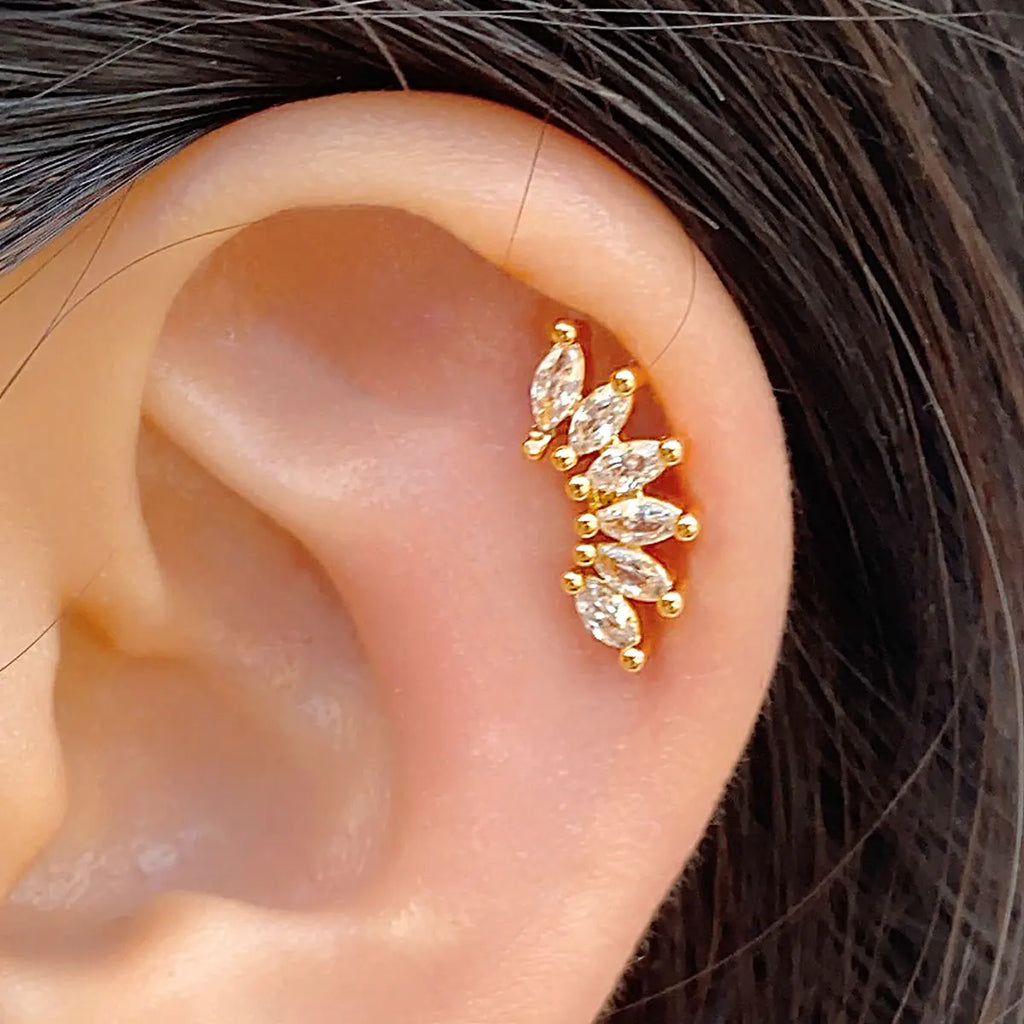 1PC New Curved Cz Cartilage Stud Moon Leaf  Helix Rook Conch Screw Back Earring Stainless Steel Bar Ear Piercing Jewelry