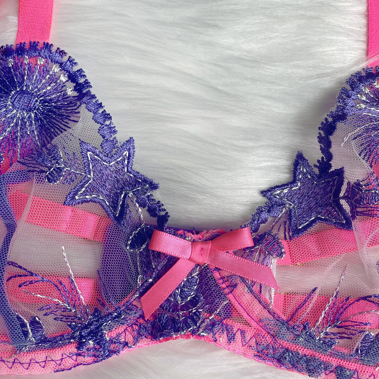 Ellolace Pink Fancy Lingerie Floral Luxury Lace See Through Underwear Sensual Garter Belt Set Contrast Color Fairy Outfit