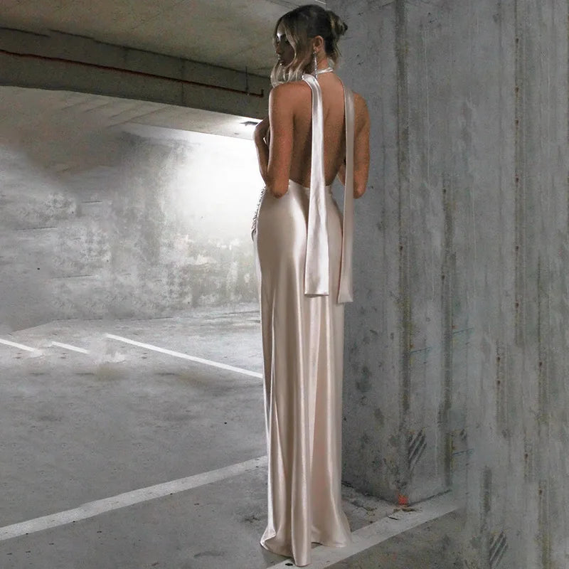 Sexy Satin Halter Dress - Ruched Slit Long Evening Gown