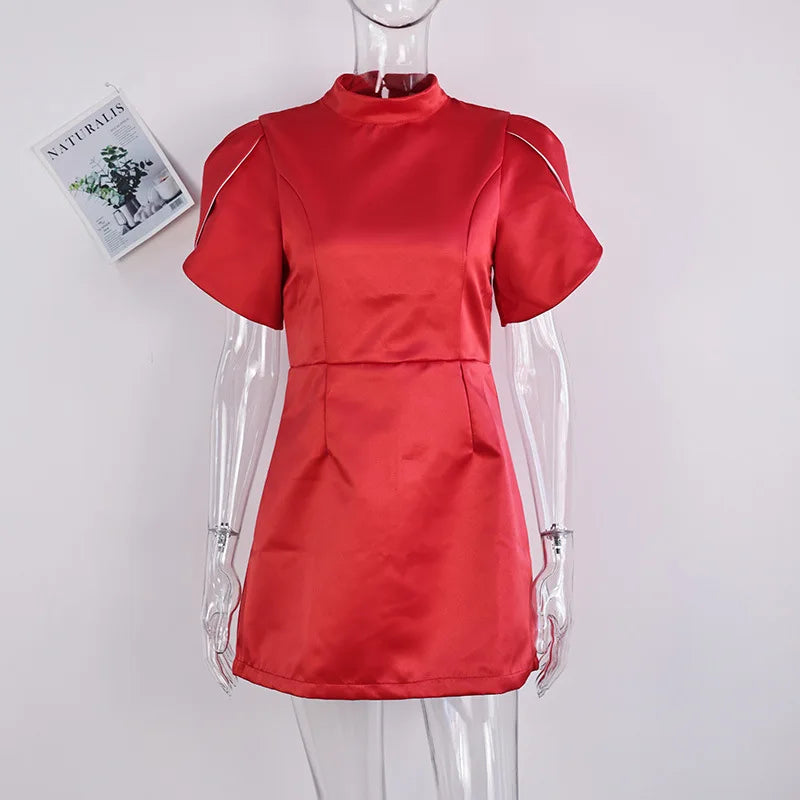 Elegant Bow Hollow Out Mini Dress - Short Sleeve A-Line Party Dress