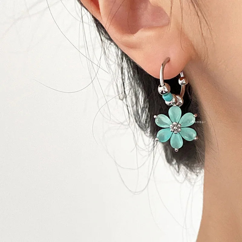 French Fresh Sweet Mint Colored Flower Hoop Earrings For Women Fashionsimple Metal Jewelry Summer Daily Earrings Gifts