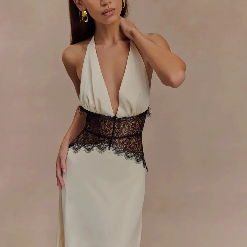 Deep V-Neck Backless Dress - Lace Satin Halter Maxi Evening Gown