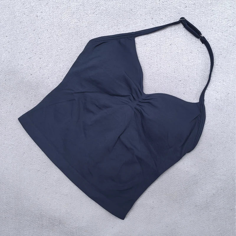 Adjustable Strappy Gym Top - Backless Scrunch Bra with Removable Cups