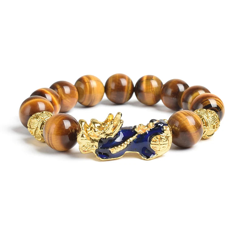 Pi Xiu Tiger Eye Stone Beads Bracelet Feng Shui Yellow Power Stone Women Men Elastic Jewelry Gold Color Pixiu Good Luck Bracelet