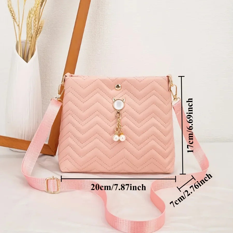 Elegant Quilted Crossbody Bag Stylish Women's Shoulder Purse Featuring Cat Pearl Pendant Ideal Valentine's Gift Novelty Purse