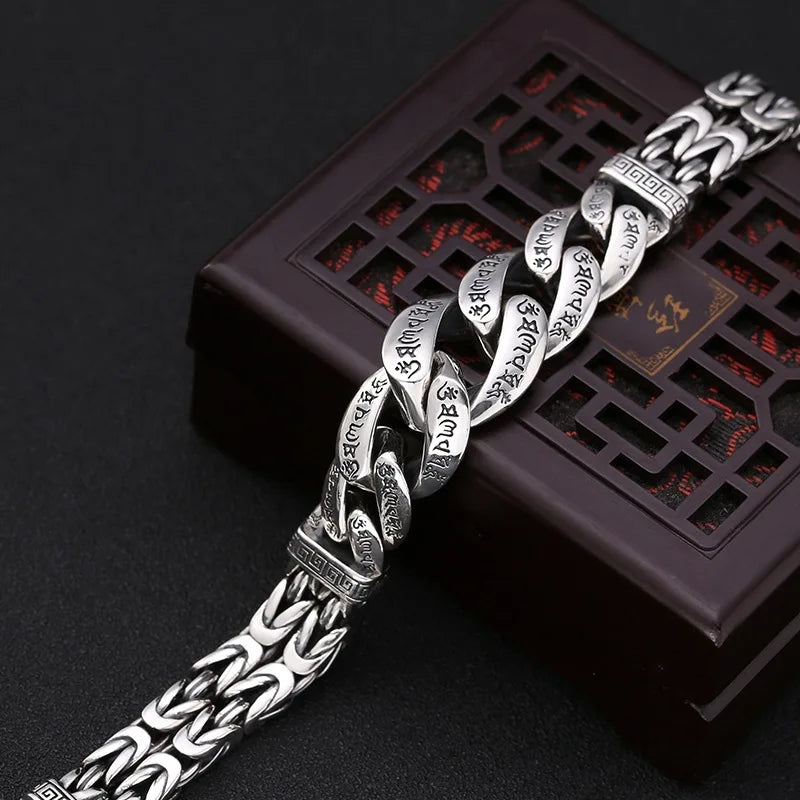 S925 Sterling Silver Personalized Men and Women Bracelets Six-Character Peace Pattern Cuban Chain Jewelry Exquisite Gift