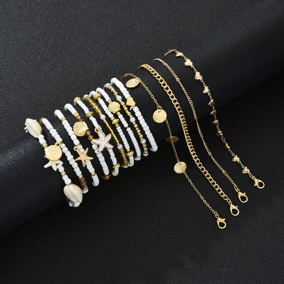 14Pcs/Set Bohemian Rice Beads Starfish Shell Anklet Sets for Women Retro Gold Color Multilayer Foot Chain Vacation Jewelry Gifts