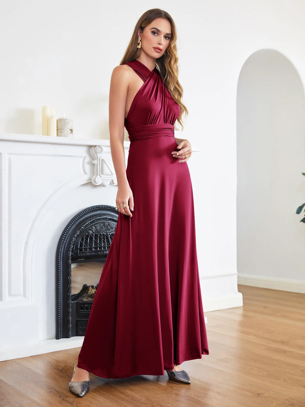 BABYONLINE Sexy Bridesmaid Dress Infinity Style Convertible Halter V neckline Gown Sleeveless Multiway Wrap Changable Guest Gown