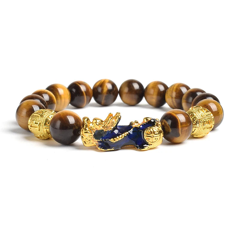 Pi Xiu Tiger Eye Stone Beads Bracelet Feng Shui Yellow Power Stone Women Men Elastic Jewelry Gold Color Pixiu Good Luck Bracelet