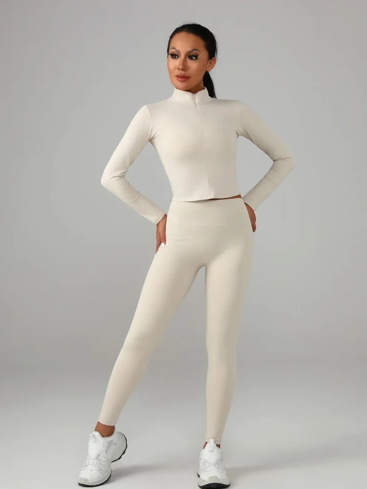 Women's Solid Color Sports Set Long - Sleeve Top + Pants Yoga Fitness Outfit Breathable Quick - Dry Tracksuit