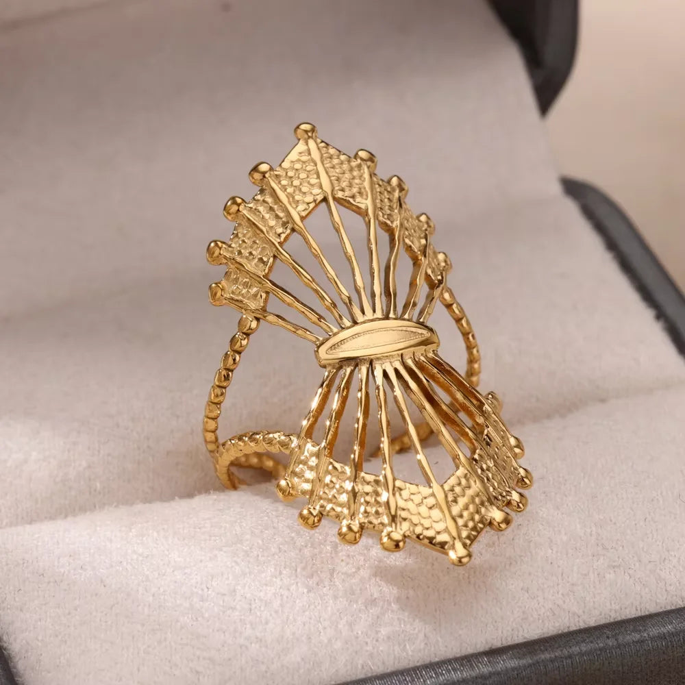 Elegant Stainless Steel Big Bloom Flower Rings For Women Gold Color Sun Starfish Open Ring Finger Jewelry Wedding Her Gift Punk