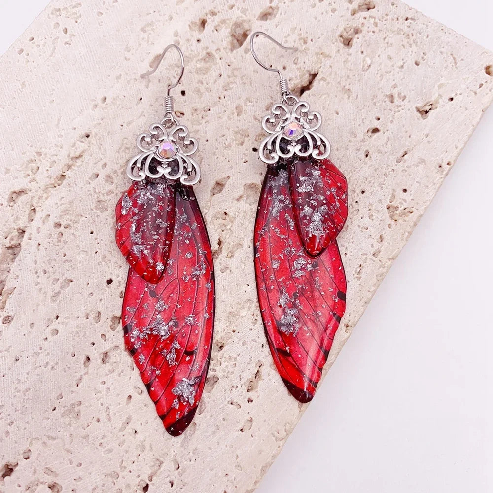 Handmade Fairy Simulation Wing Earrings Insect Butterfly Wing Drop Earrings Foil Rhinestone Earrings Romantic Bridal Jewelry
