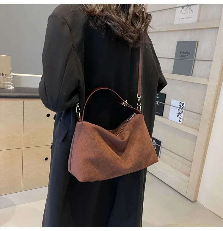 New Solid Color PU Zipper Women's Bag Suede Large Capacity Women's Shoulder Bag Fashion Versatile Casual Dual Purpose Handbag
