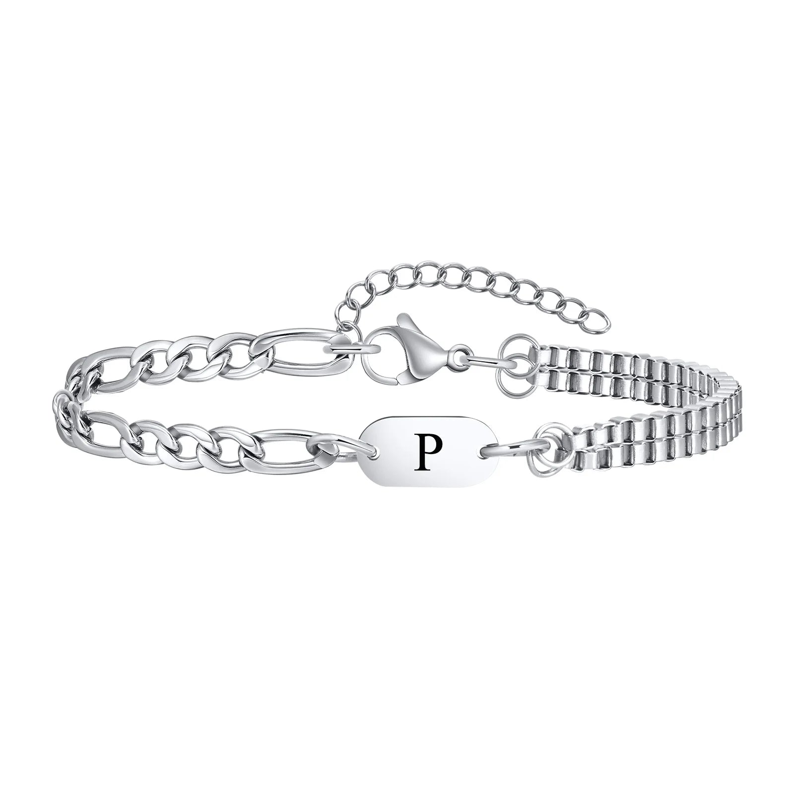 Vnox A-Z Initial Bracelets for Men Women, Never Fade Figaro Chain, Double Layered Box Link Chain Bracelets, Name Gift for Him