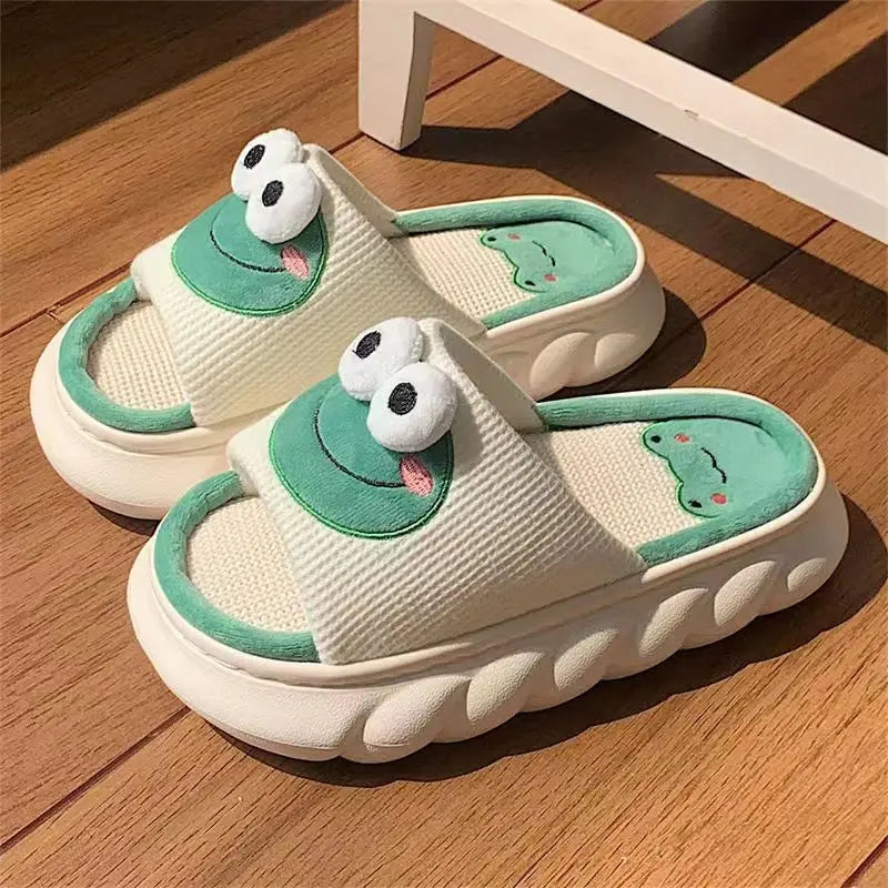 Women's Cartoon Frog Linen Slippers - Soft Thick Sole Anti-Slip Home Shoes
