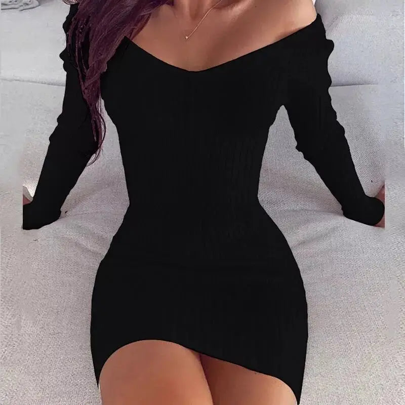 Sexy V-Neck Bodycon Dress - Long Sleeve Off Shoulder Mini Dress