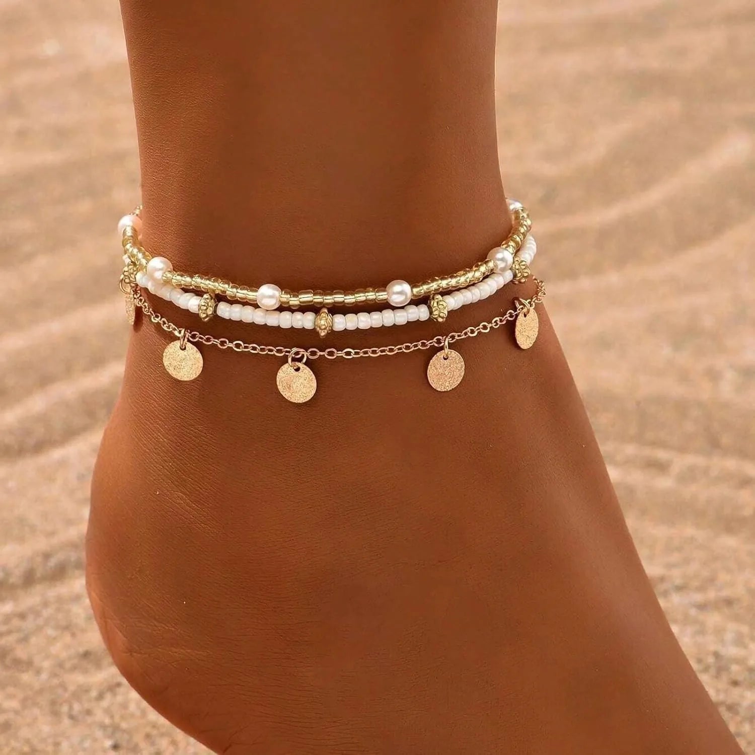 Gold Plated Boho Bead Adjustable Anklet, Hawaiian Beach Seashell Pearl Foot Jewelry Gifts Shell Ankle Bracelet Set for Women