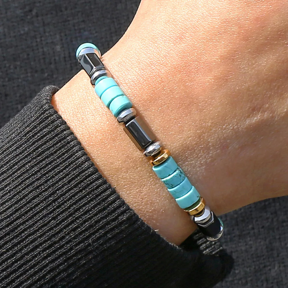 Retro Imitation Natural Blue Stone Bead Bracelet Fashion Men Summer Jewelry Trend Bohemian Accessories