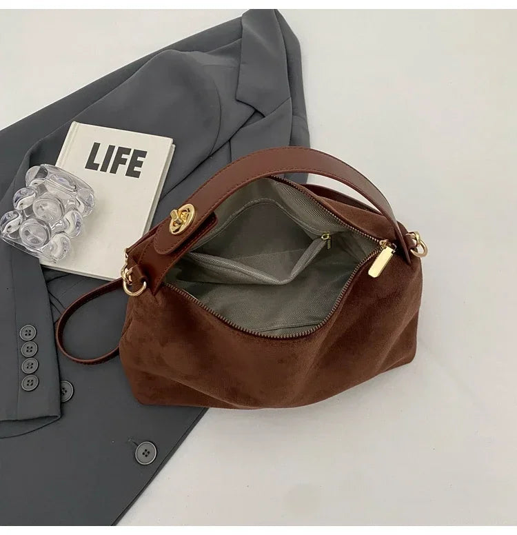 New Solid Color PU Zipper Women's Bag Suede Large Capacity Women's Shoulder Bag Fashion Versatile Casual Dual Purpose Handbag