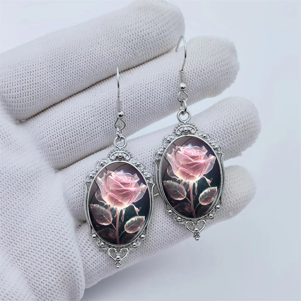 New Pink Rose Pendant Earrings Flower Art Black and White Lace Earrings Oval Glass Photo Niche Jewelry Romantic Gift Party