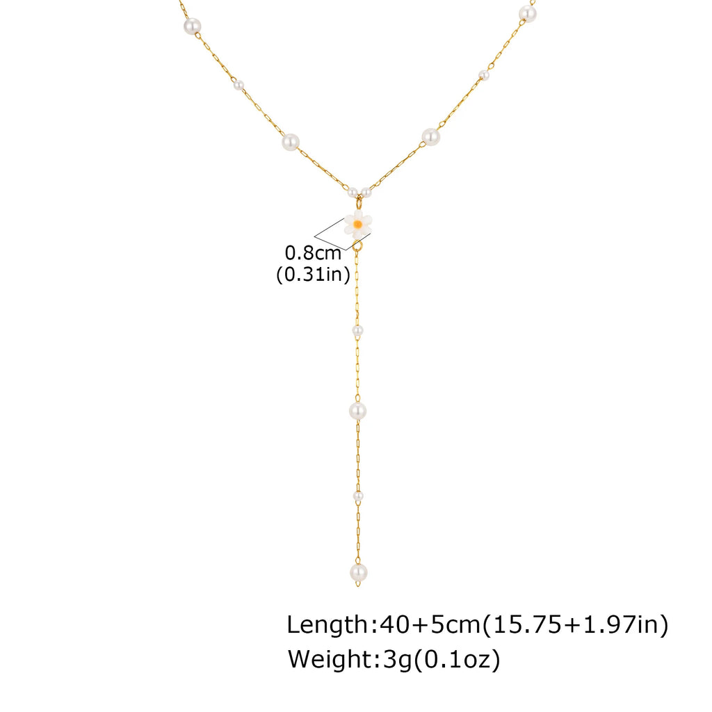 Vnox Flower Pearls Long Chain Drop Necklace For Women, Stainless Steel Waterproof Layered Jewelry, Light Luxury Collarbone Chain
