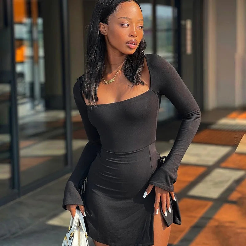 Women's Long Sleeve Bodycon Mini Dress - Spring Fashion Lace-up Split