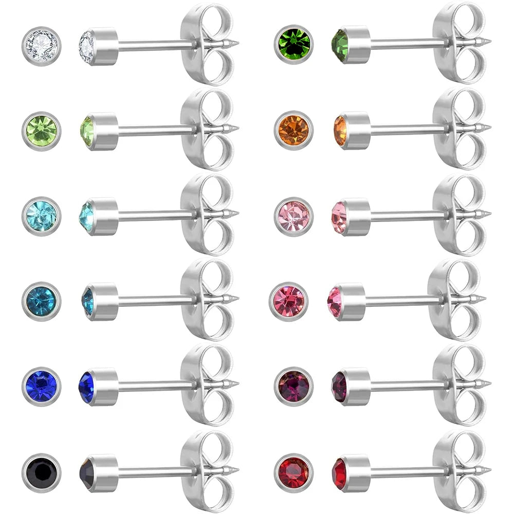 12 Pairs Ear Piercing Stud Earrings, Surgical Stainless Steel Multicolor Birthstone Stud Earrings for Ear Piercing Guns