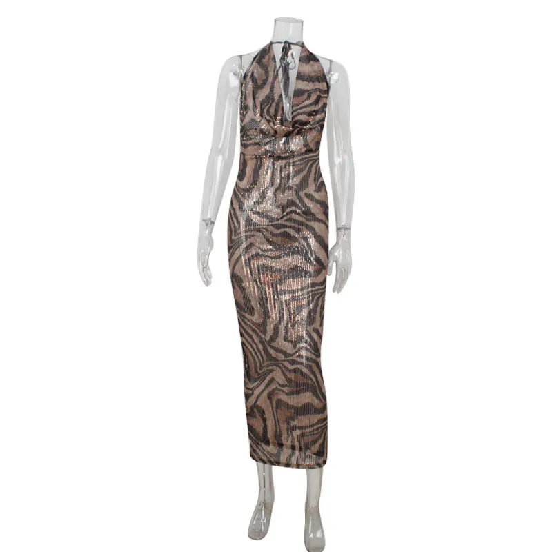 Sequined Leopar Printed Dresses For Women Fashion Sexy Party Halter Deep Swing Neck Sleeves Slim Fit Hip Wrap Long Vestidos Robe