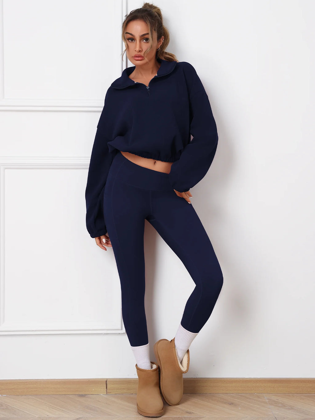 2PCS Thermal Yoga Set Fleece Fintness Suit Women's Sports Set  Fleece Pullover Sweatshirt with Non-fleece-lined  Leggings