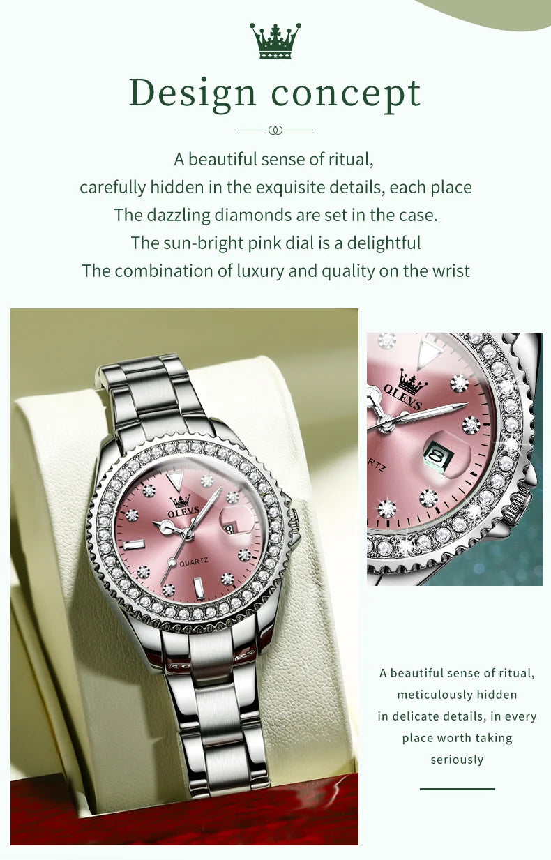 OLEVS 9945 Top Brand Original Quartz Watch for Women Luxury Diamond Lap Calendar Hand Clock Stainless Steel Ladies Wristwatches