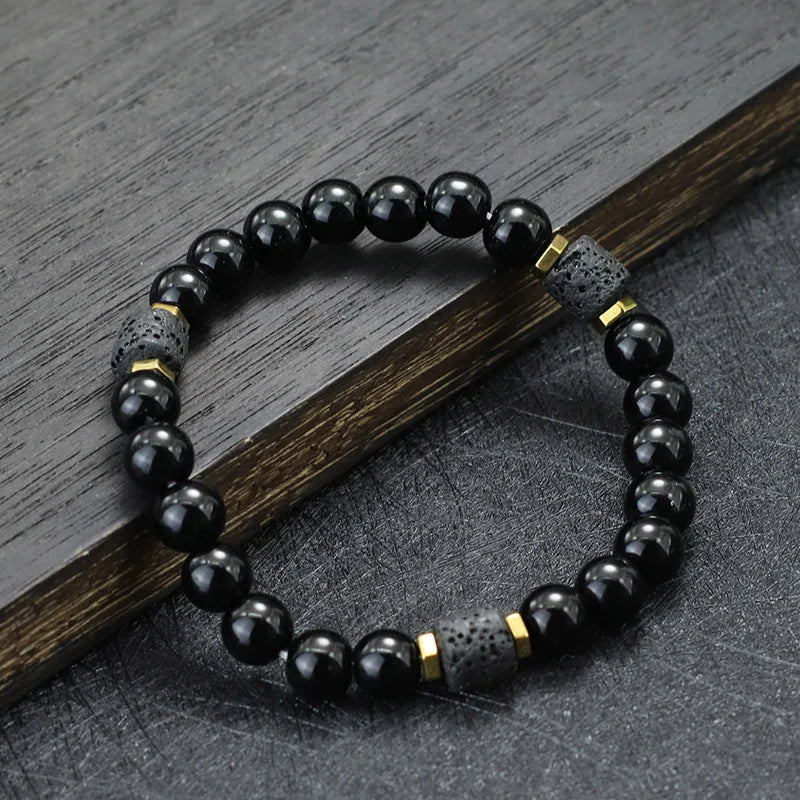 Unique Natural Stone Bracelet Men 8mm Obsidian Tiger Eyes Beaded Braclet Homme Hand Accessories Black Strand Brazalete Pulseira