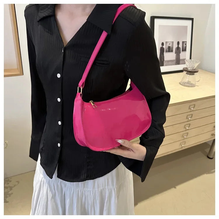 Vintage Wine Red Patent Leather Glossy Underarm Bag 2024 New Minimalist Lady Zipper Shoulder Bag Elegant Versatile Handbag Trend