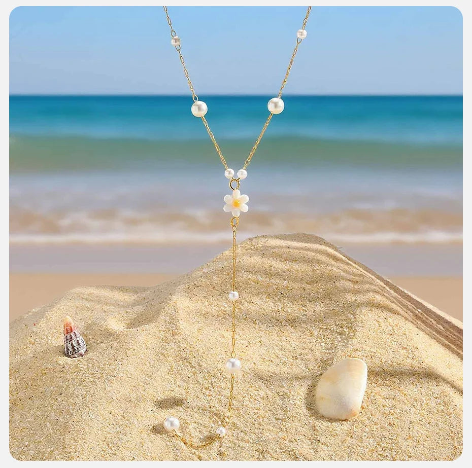 Vnox Flower Pearls Long Chain Drop Necklace For Women, Stainless Steel Waterproof Layered Jewelry, Light Luxury Collarbone Chain