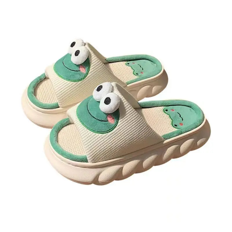 Women's Cartoon Frog Linen Slippers - Soft Thick Sole Anti-Slip Home Shoes