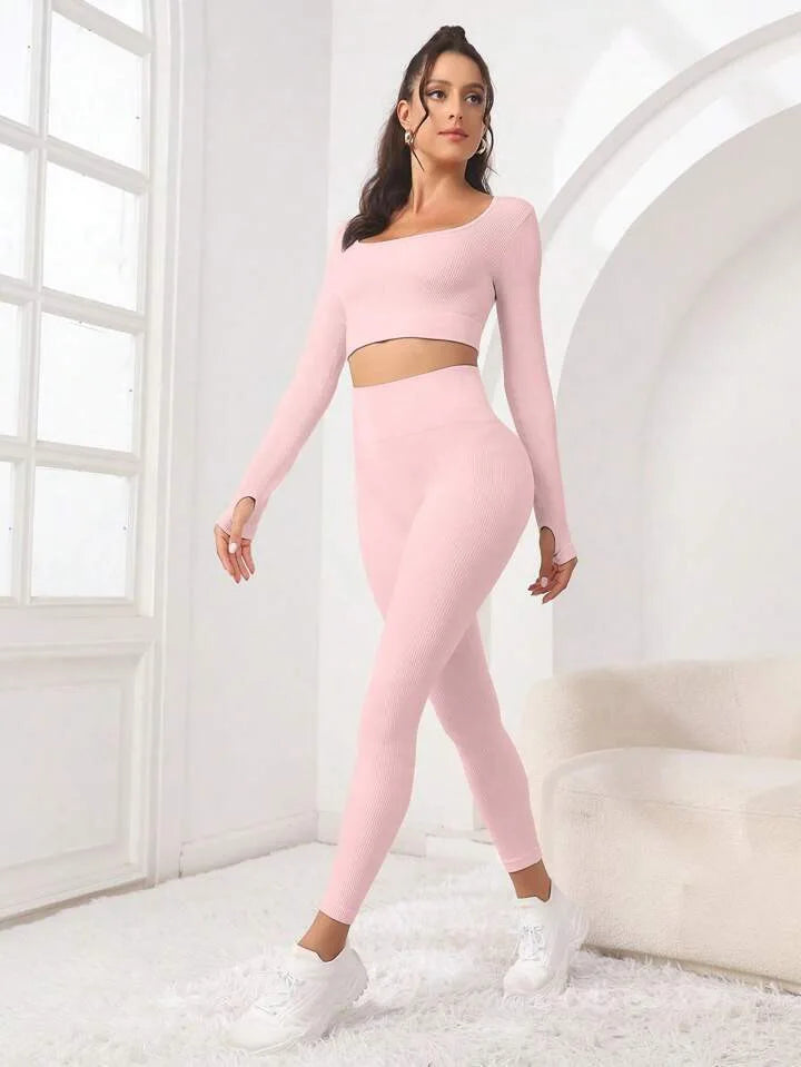 New autumn style threaded long sleeve trousers set, breathable and elastic, a good choice for sports yoga,