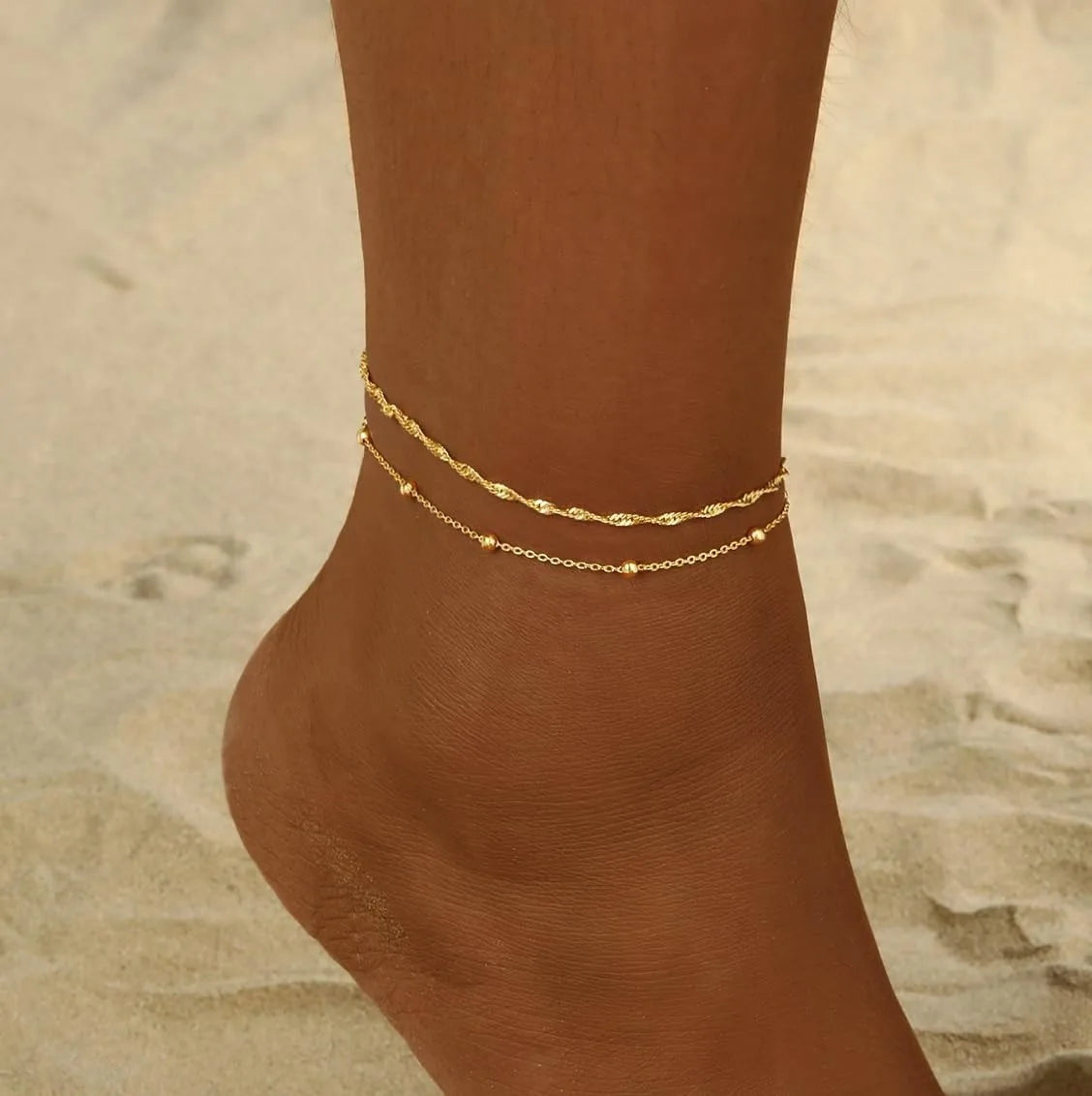Gold Anklets for Women Waterproof Anklet Beaded Bracelets Stackable Bracelets Gold Plated Jewelry Gifts Non Tarnish Lightweight