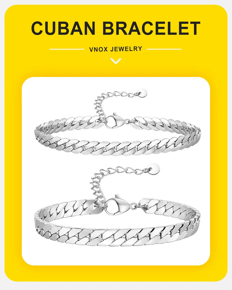 Vnox Waterproof Cuban Chain Bracelets for Men Women, Never Fade Simple Stainless Steel Flat Miami Curb Link Chain Wristband