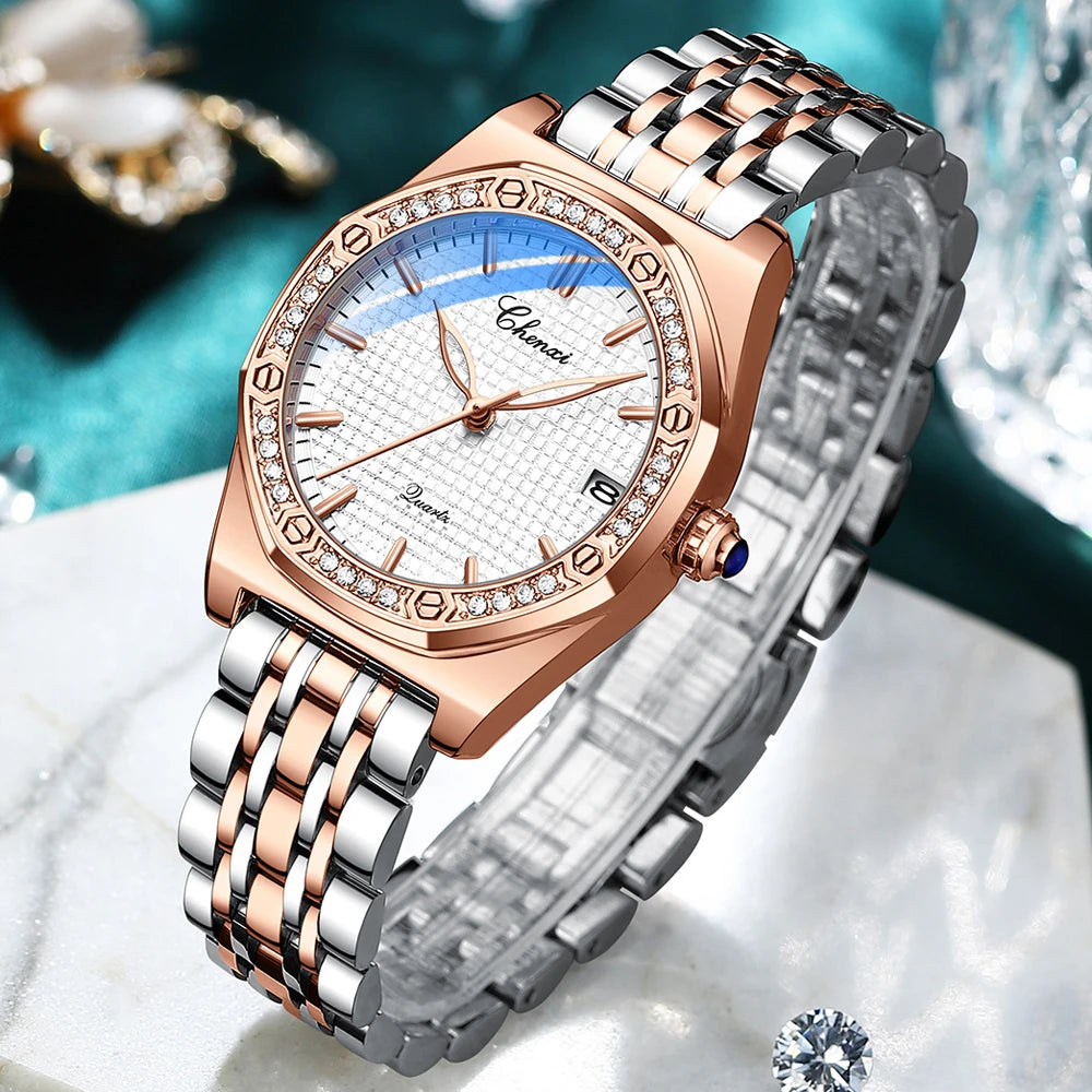 CHENXI Quartz Movement Woman Watch Simple Elegant Luxury Rose Gold Steel and Leather Strap Waterproof Ladies Dress Wristwatch